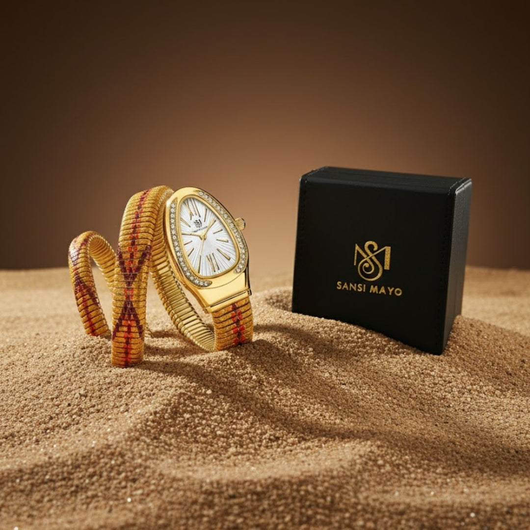 Koil Snake Two-Tone Gold Red Maroon Bracelet Watch — White Dial | Sansi Mayo