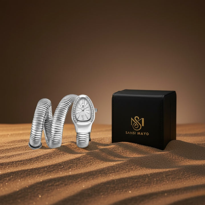 Snake 2.0 Silver Coil Bracelet Watch — White Dial | Sansi Mayo