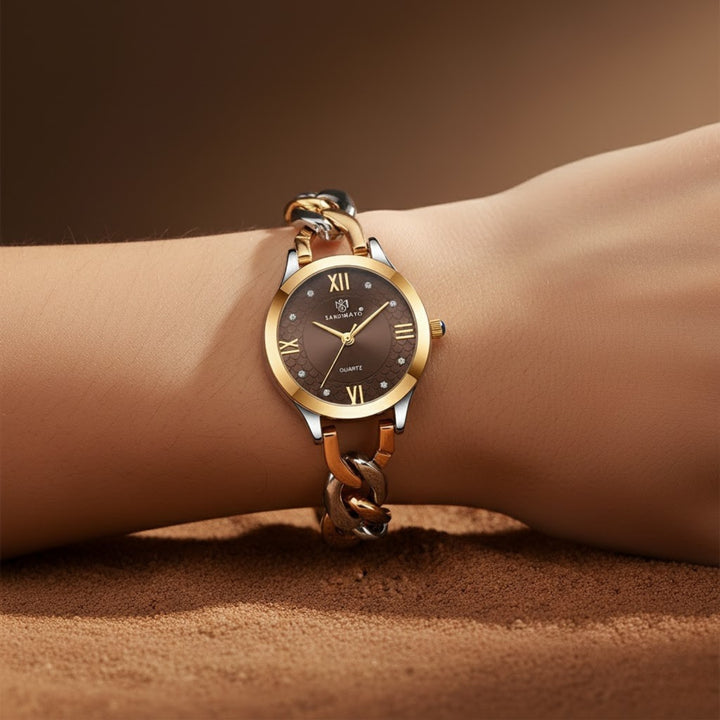 Zeenat Two Tone Silver Gold Brown Dial Quartz Watch