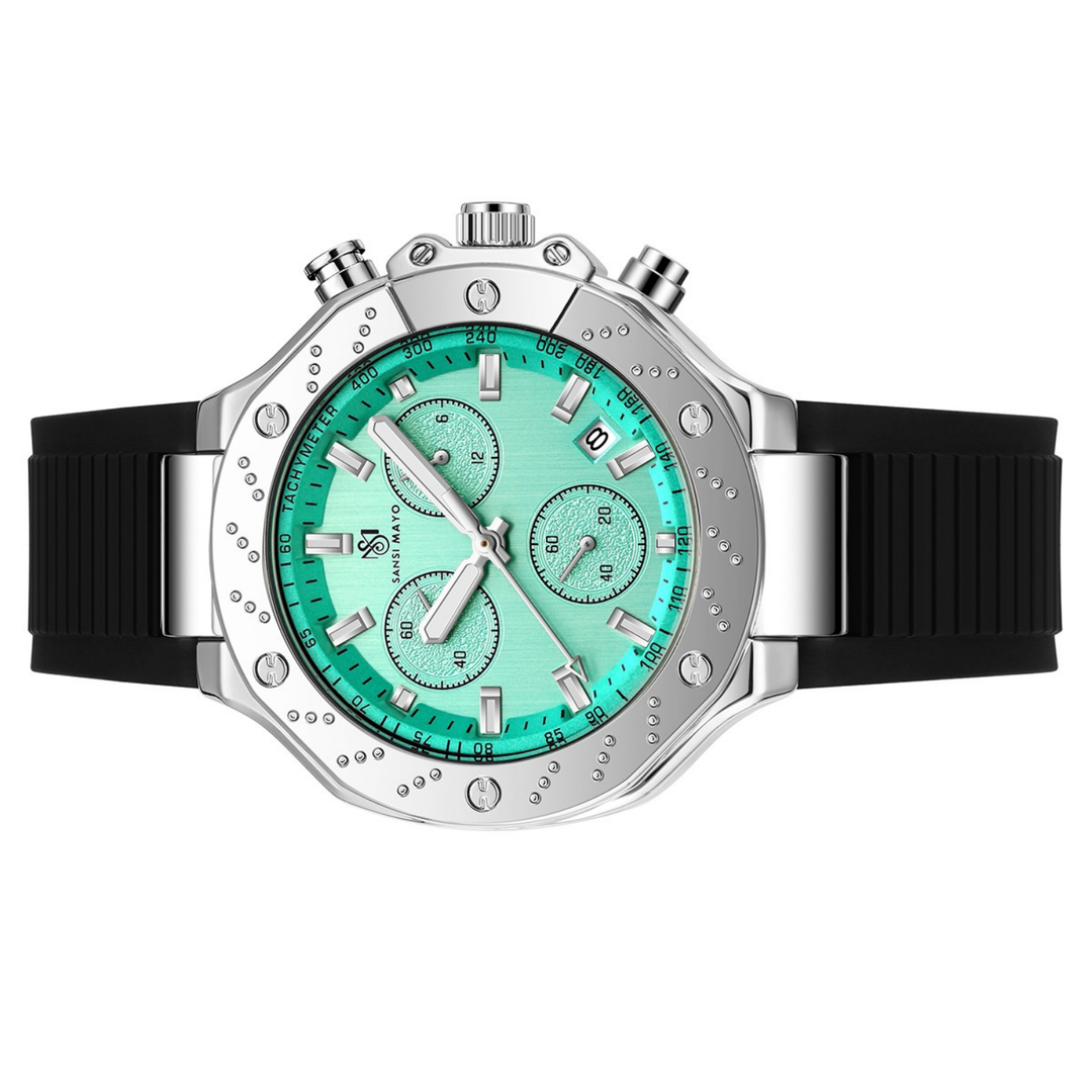 Romano Teal Dial Men’s Watch – Silver Case & Black Silicone Strap