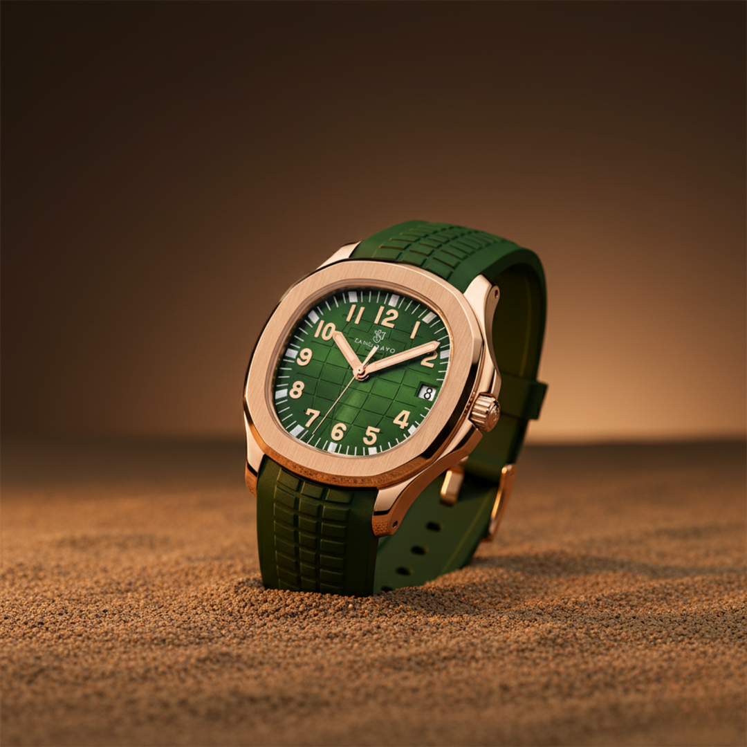 Round Green Rose Gold Wrist Watch