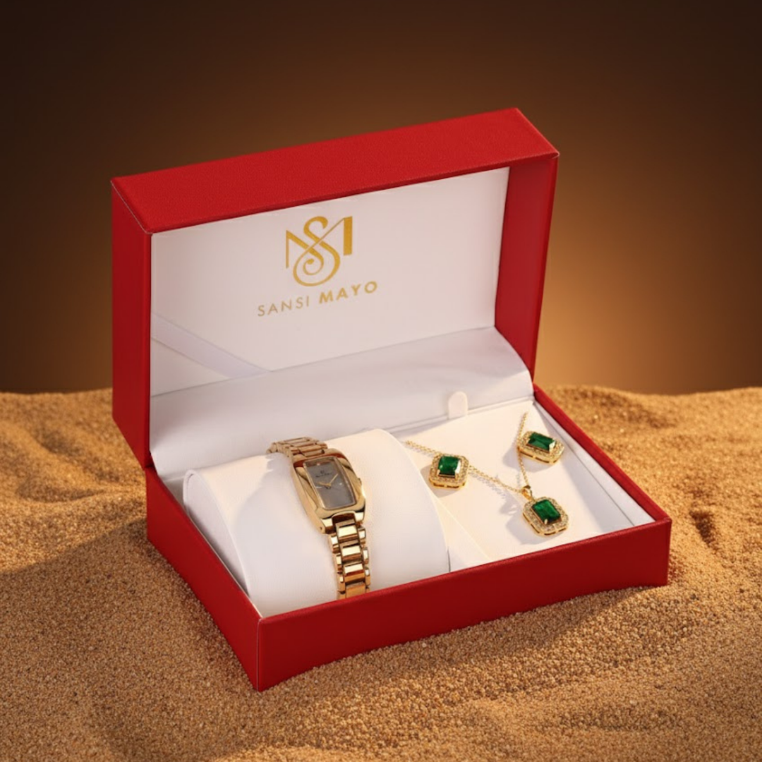 Sansi Mayo Women’s Watch & Jewellery Gift Set — Gold with Grey Dial & Egyptian Stone