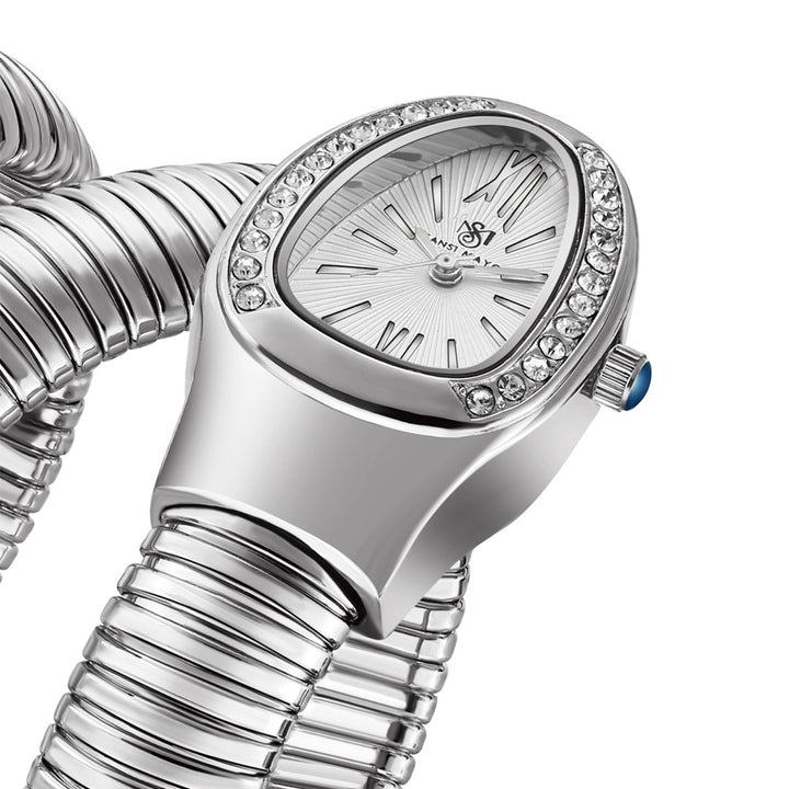 Snake 2.0 Silver Coil Bracelet Watch — White Dial | Sansi Mayo