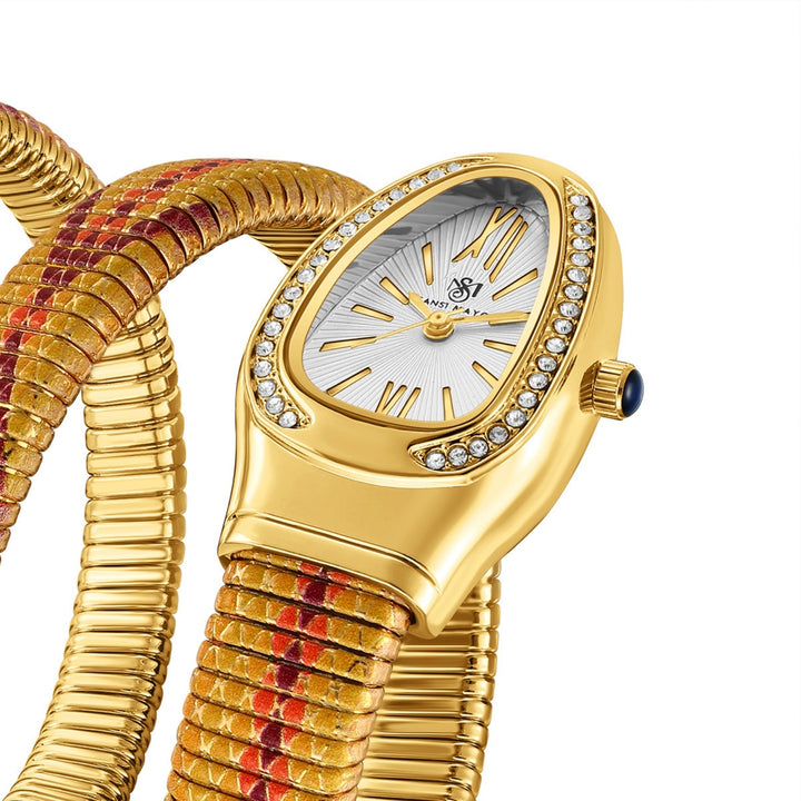 Koil Snake Two-Tone Gold Red Maroon Bracelet Watch — White Dial | Sansi Mayo
