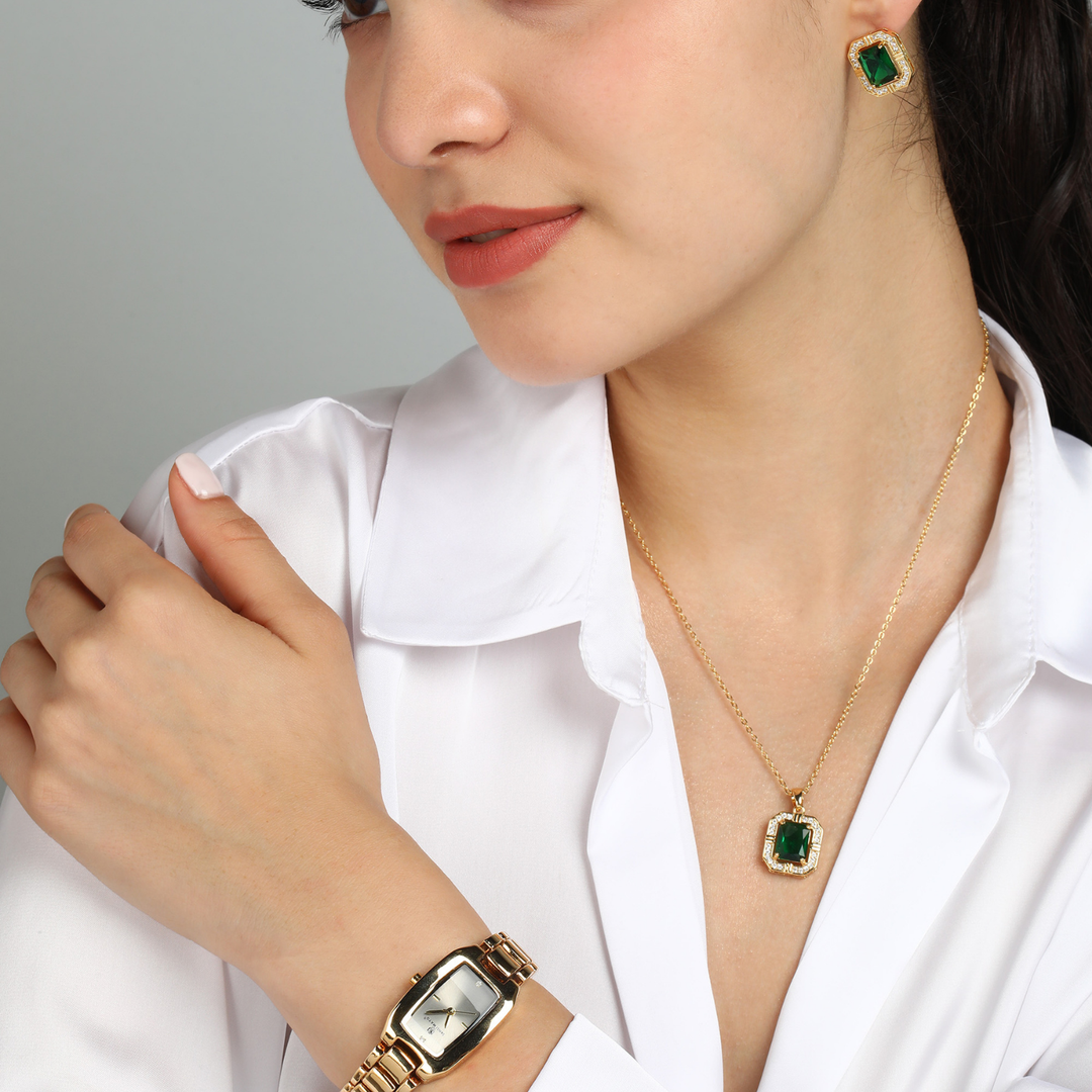 Sansi Mayo Women’s Watch & Jewellery Gift Set — Gold with Grey Dial & Egyptian Stone