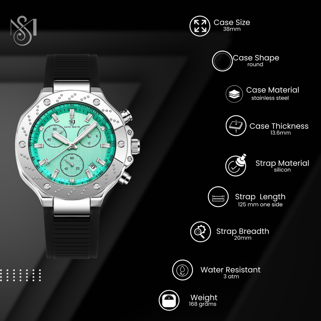 Romano Teal Dial Men’s Watch – Silver Case & Black Silicone Strap