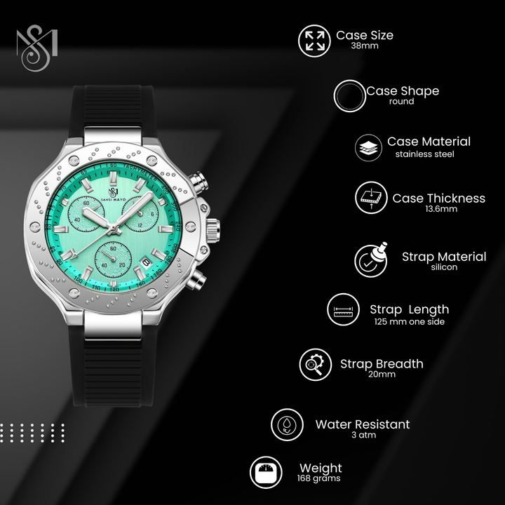 Romano Teal Dial Men’s Watch – Silver Case & Black Silicone Strap