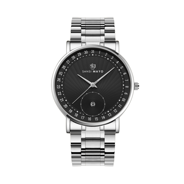 Silver Stainless Steel Watch — Black Dial