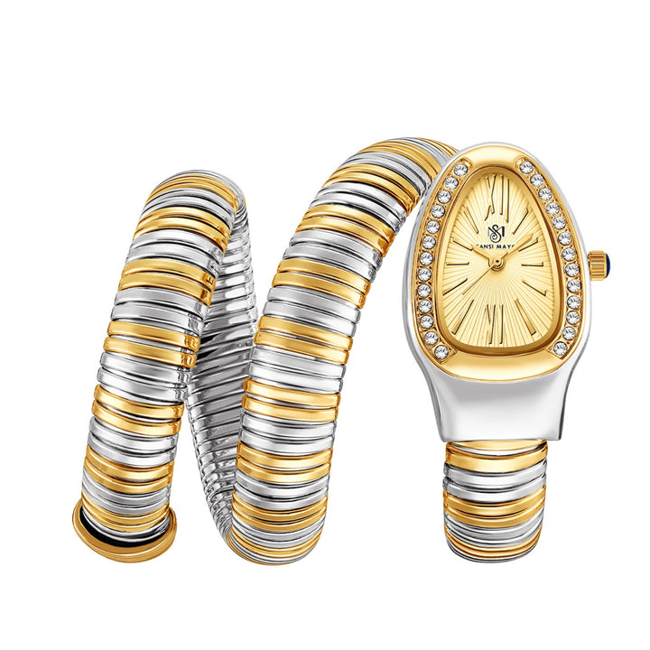Snake 2.0 Two-Tone Silver Gold Coil Bracelet Watch — Gold Dial | Sansi Mayo