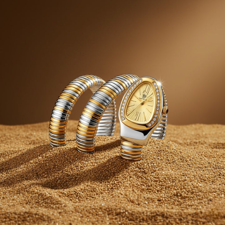 Snake 2.0 Two-Tone Silver Gold Coil Bracelet Watch — Gold Dial | Sansi Mayo