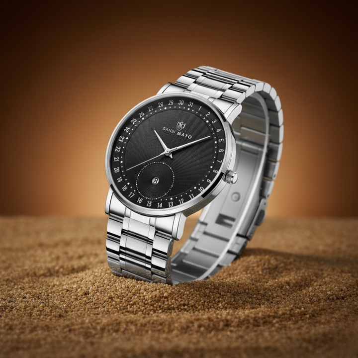 Silver Stainless Steel Watch — Black Dial