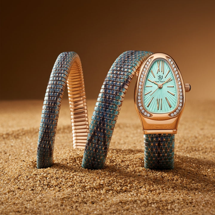 Sansi Mayo Koil Snake Watch — Two Tone Rose Gold & Sky Blue Edition
