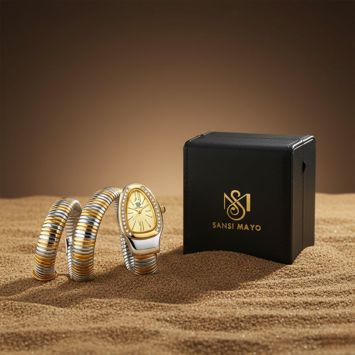 Snake 2.0 Two-Tone Silver Gold Coil Bracelet Watch — Gold Dial | Sansi Mayo