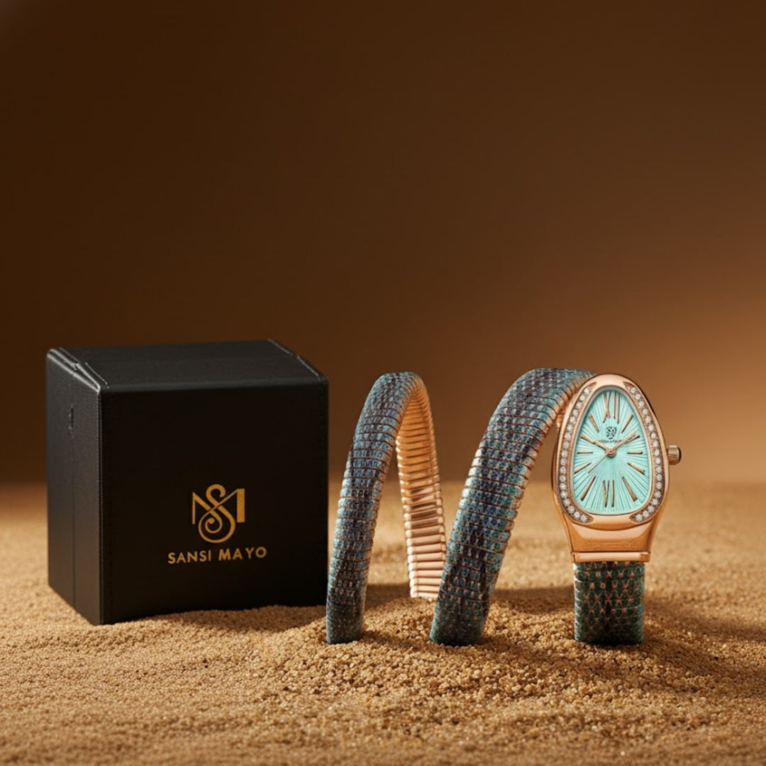 Sansi Mayo Koil Snake Watch — Two Tone Rose Gold & Sky Blue Edition