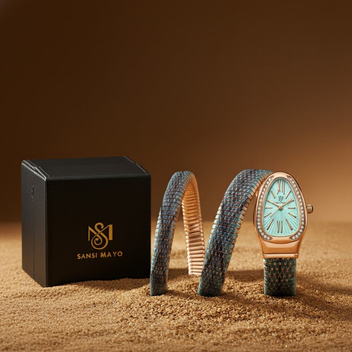 Sansi Mayo Koil Snake Watch — Two Tone Rose Gold & Sky Blue Edition