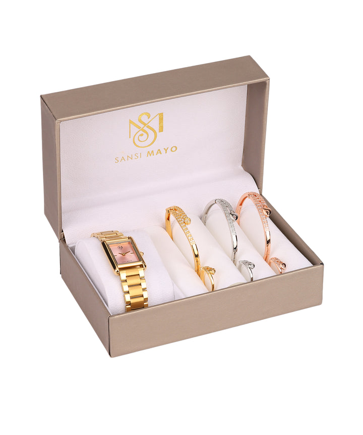 Sansi Mayo Women’s Watch, Bangle & Ring Gift Set — Gold Stainless Steel with Light Pink Dial & Crystal Egyptian Stone