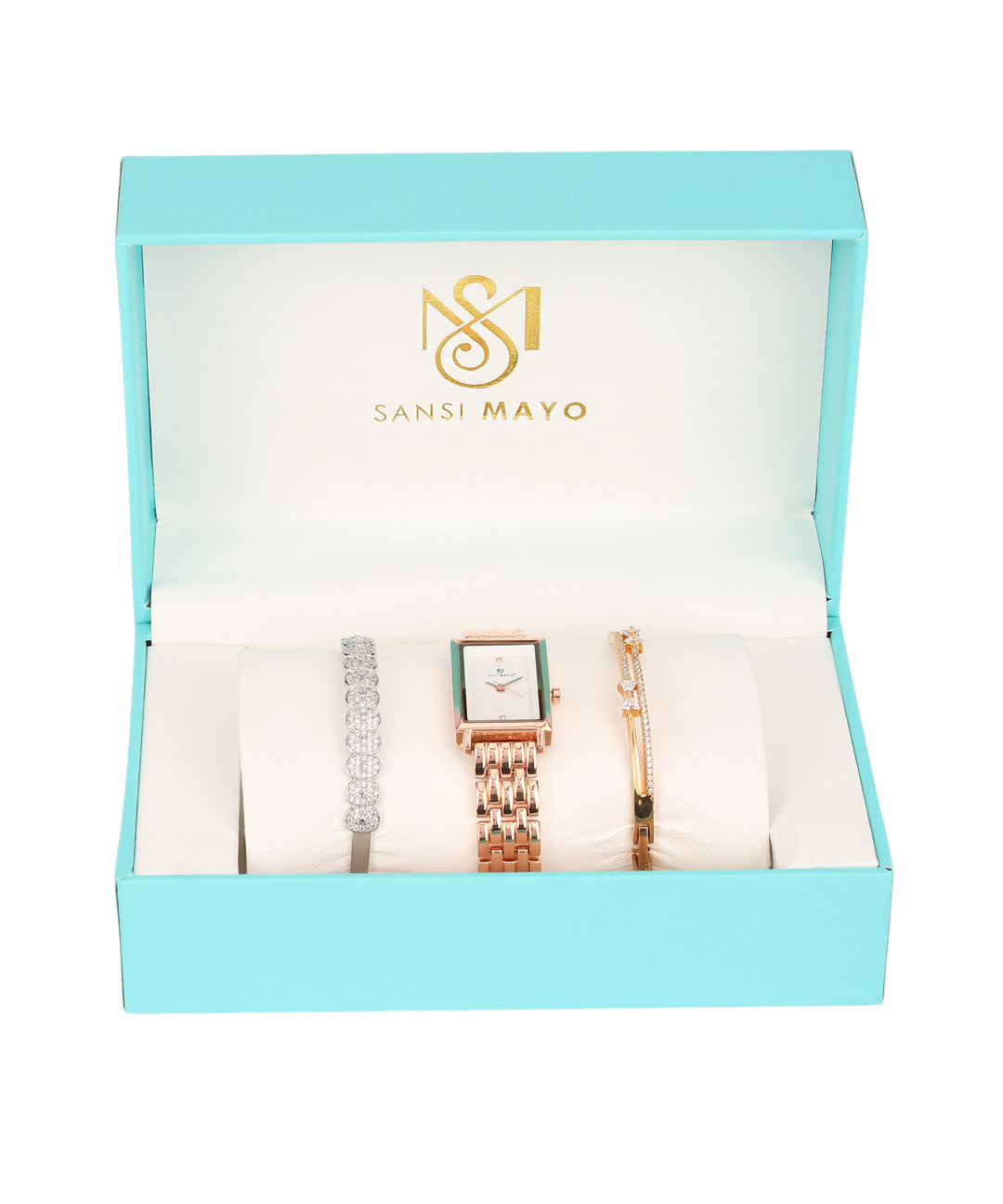 Sansimayo Women’s White Dial Watch with 2 Bracelets – Rose Gold Edition