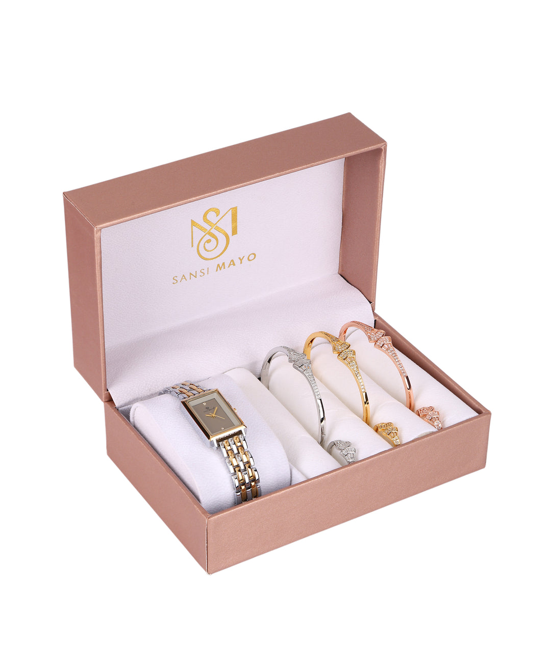 Sansi Mayo Women’s Watch, Bangle & Ring Gift Set — Two-Tone Silver Gold with Grey Dial & Crystal Egyptian Stone