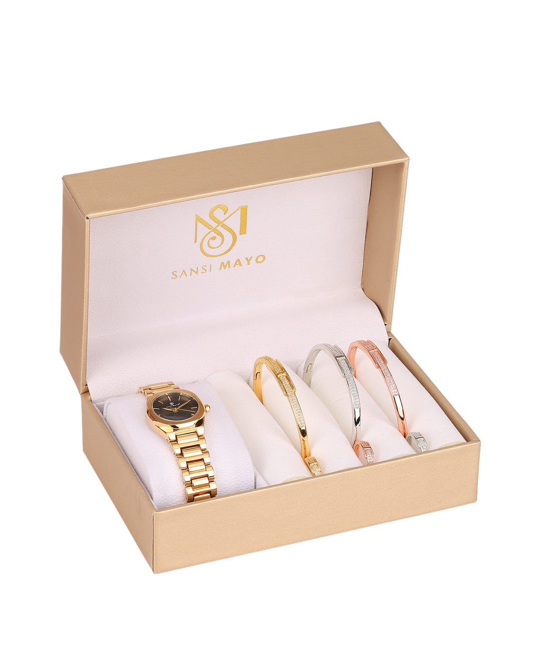 Sansi Mayo Women’s Watch, Bangle & Ring Gift Set — Gold Stainless Steel with Blue Dial & Crystal Egyptian Stone