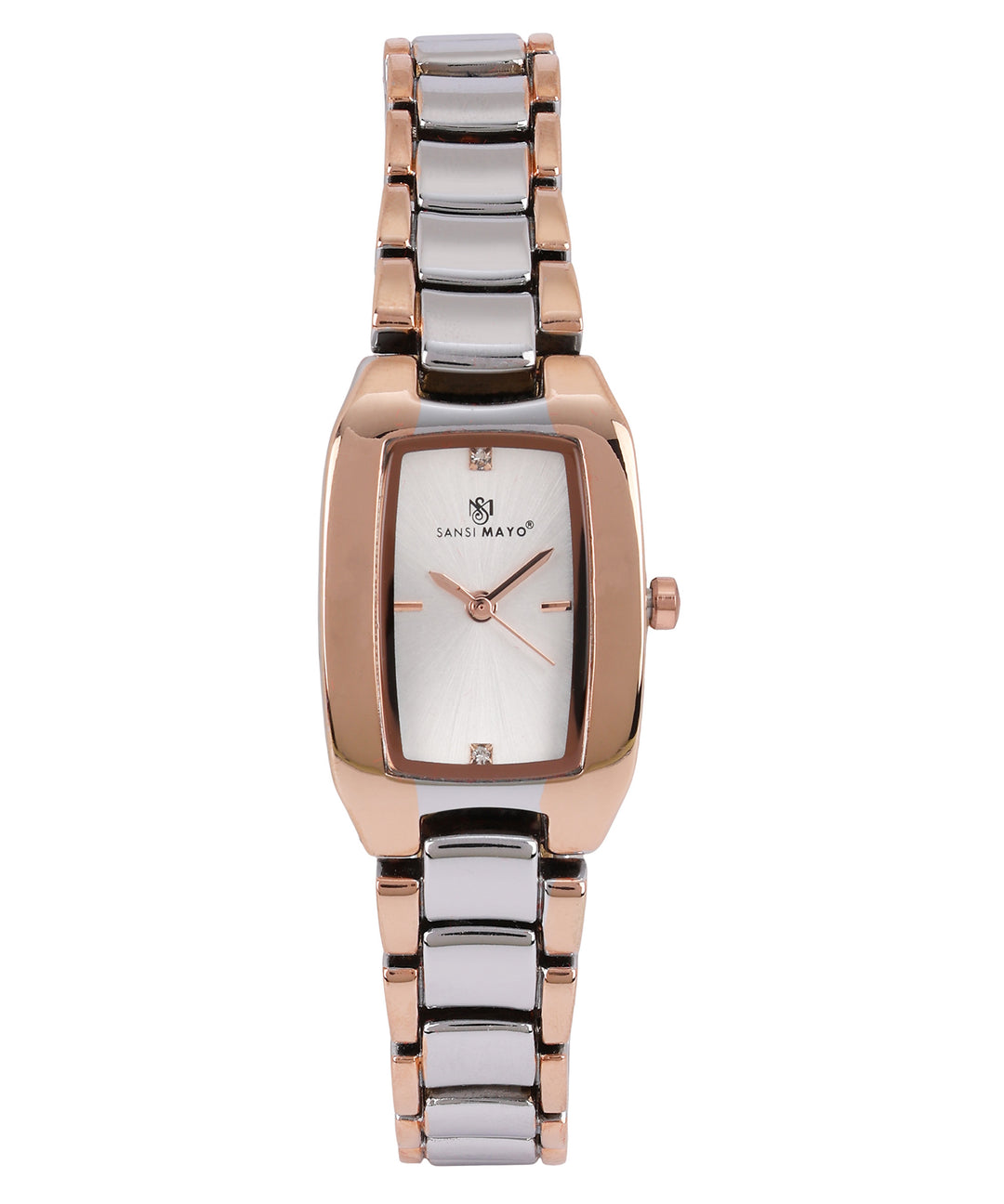 Sansimayo Women’s White Dial Watch with Bangle & Ring Set – Two Tone Silver Gold