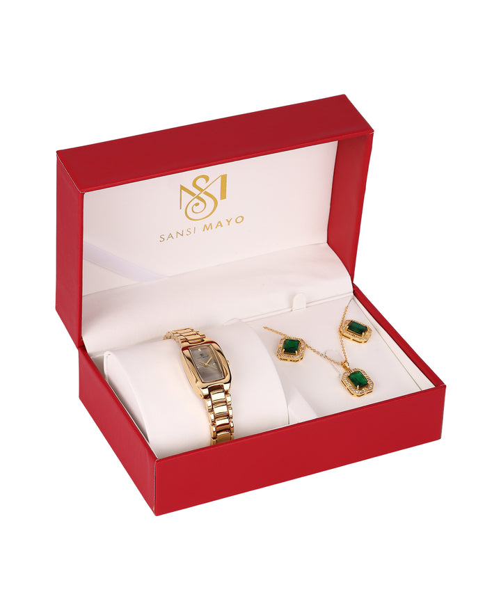 Sansi Mayo Women’s Watch & Jewellery Gift Set — Gold with Grey Dial & Egyptian Stone