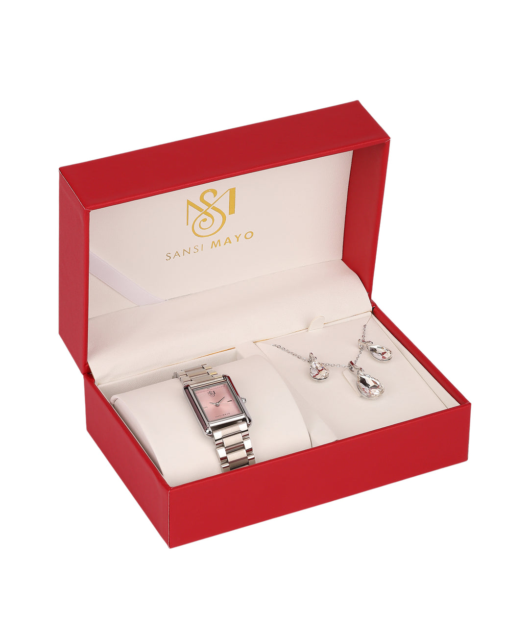 Sansi Mayo Women’s Watch & Jewellery Gift Set — Silver with Light Pink Dial & Egyptian Stone