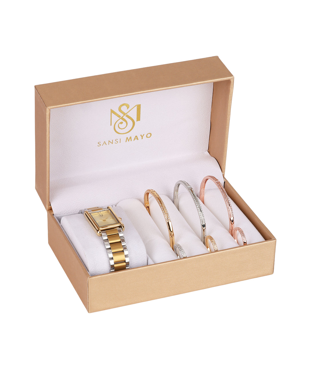 Sansi Mayo Women’s Watch, Bangle & Ring Gift Set — Two Tone Silver Gold with Gold Dial & Crystal Egyptian Stone