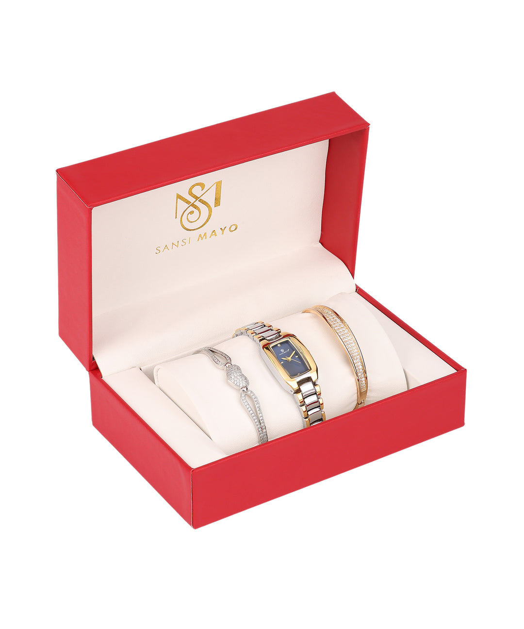 Sansimayo Women’s Rectangle Blue Dial Watch with 2 Bracelet Set – Two Tone Silver Gold