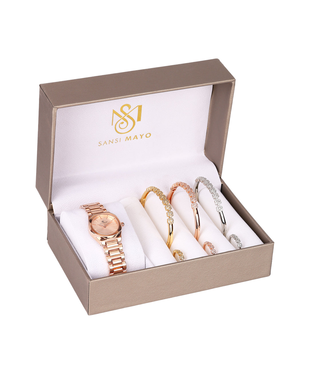 Sansi Mayo Women’s Watch, Bangle & Ring Gift Set — Rose Gold Round Dial with Crystal Egyptian Stone