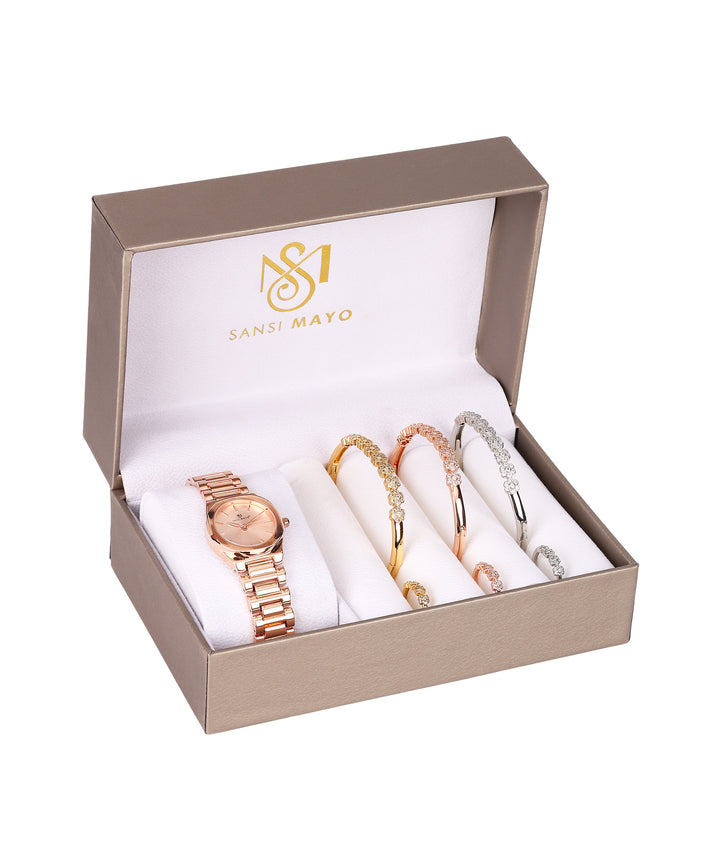 Sansi Mayo Women’s Watch, Bangle & Ring Gift Set — Rose Gold Round Dial with Crystal Egyptian Stone