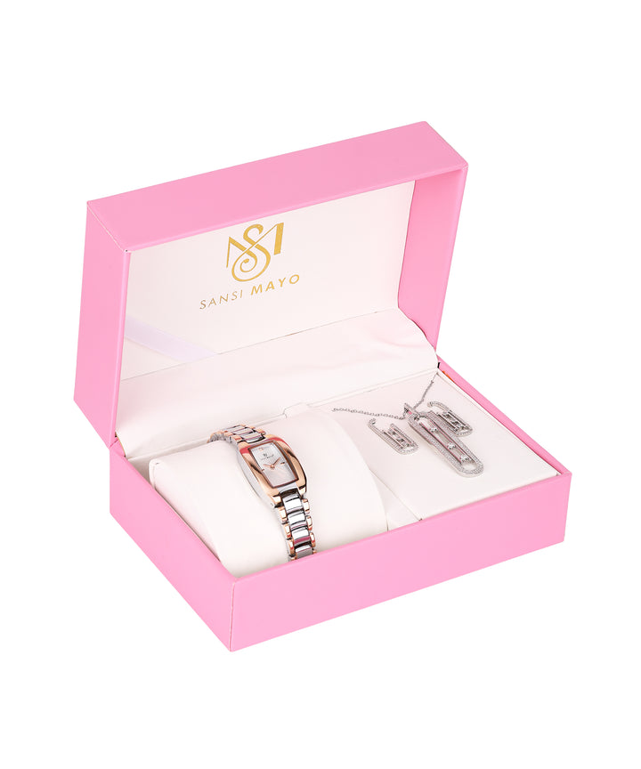 Sansi Mayo Women’s Watch & Jewellery Gift Set — Silver Rose Gold with Egyptian Stone