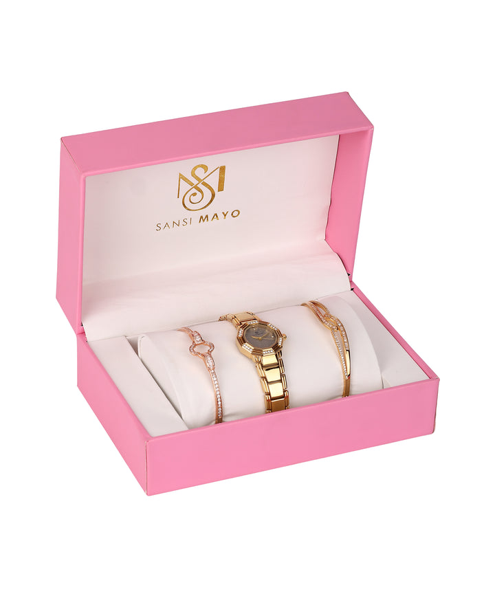 Sansimayo Women’s Round Grey Dial Watch with 2 Bracelet Set – Gold
