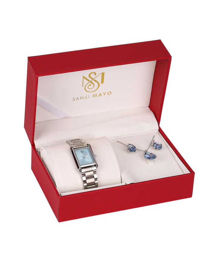 Sansi Mayo Women’s Watch & Jewellery Gift Set — Silver with Sky Blue Dial & Egyptian Stone