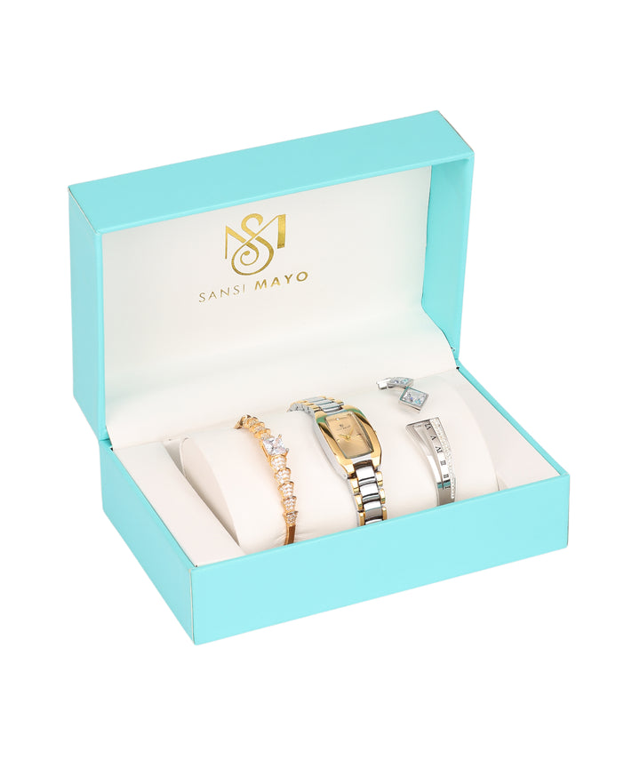 Sansimayo Women’s Rectangle Gold Dial Watch with 2 Bracelet Set – Two Tone Silver Gold