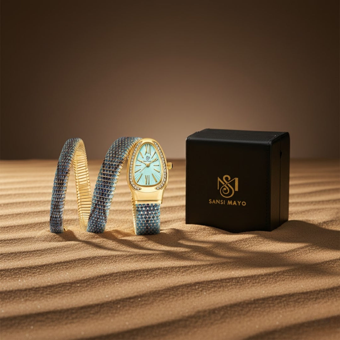 Koil Snake Two-Tone Gold Black Blue Bracelet Watch — Sky Blue Dial | Sansi Mayo