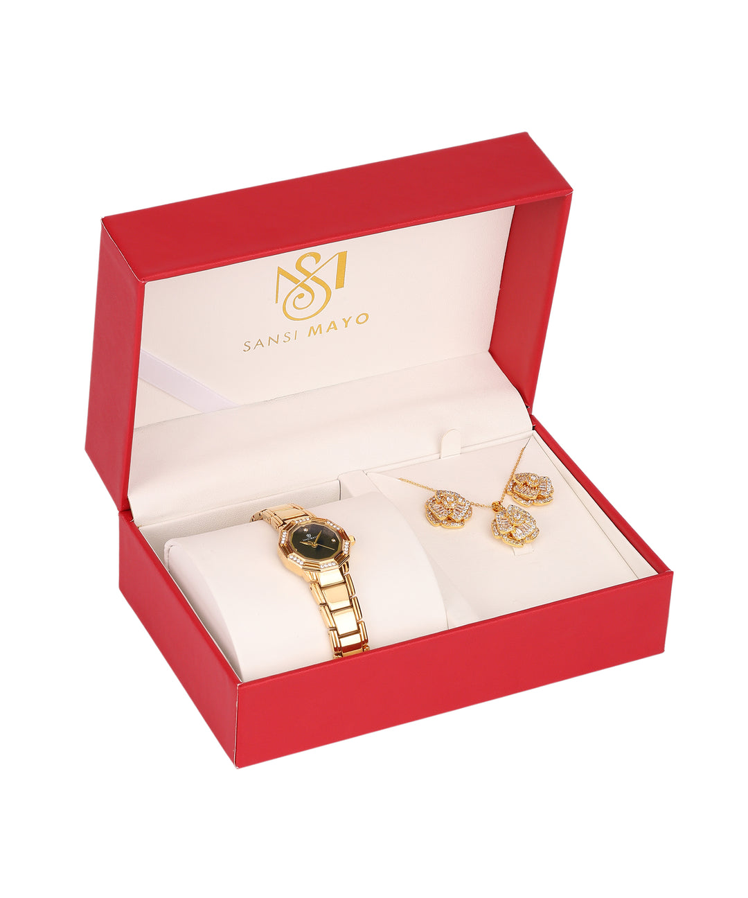 Sansi Mayo Women’s Watch & Jewellery Gift Set — Gold with Black Dial & Egyptian Stone
