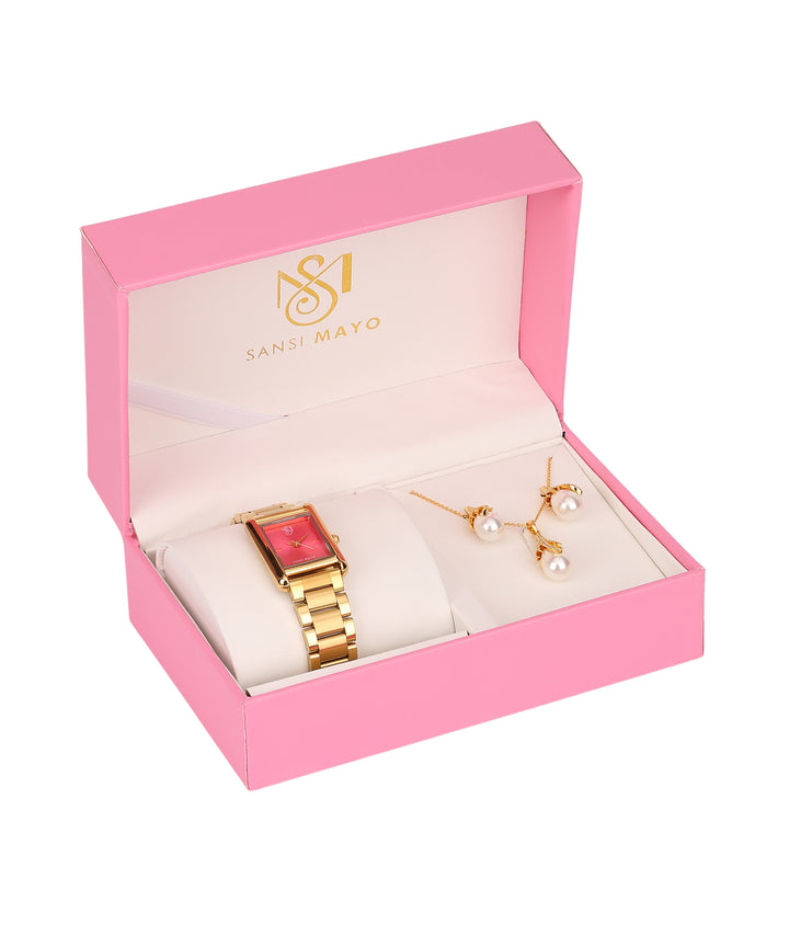 Sansi Mayo Women’s Watch & Jewellery Gift Set — Gold with Dark Pink Dial & Crystal Egyptian Stone