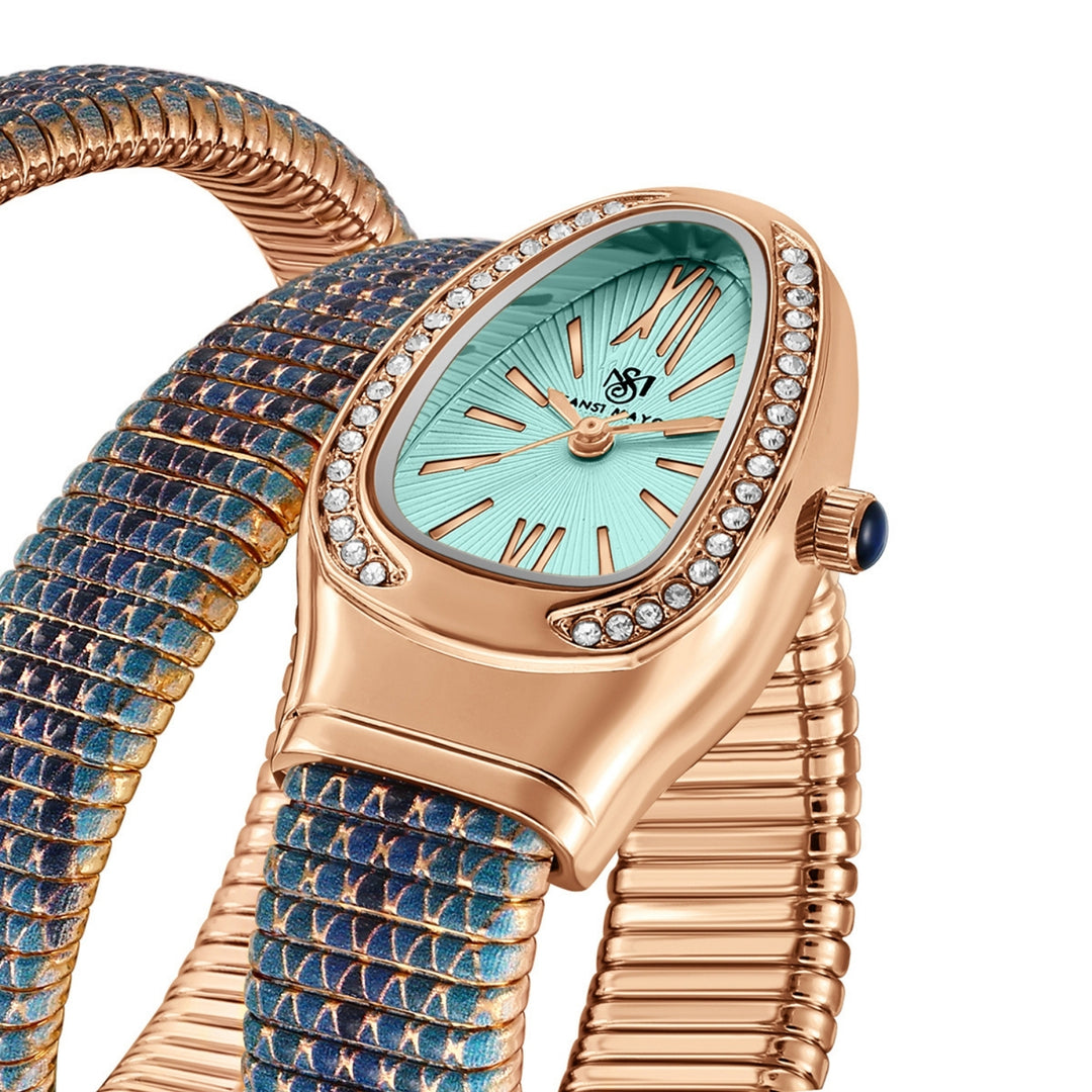 Sansi Mayo Koil Snake Watch — Two Tone Rose Gold & Sky Blue Edition