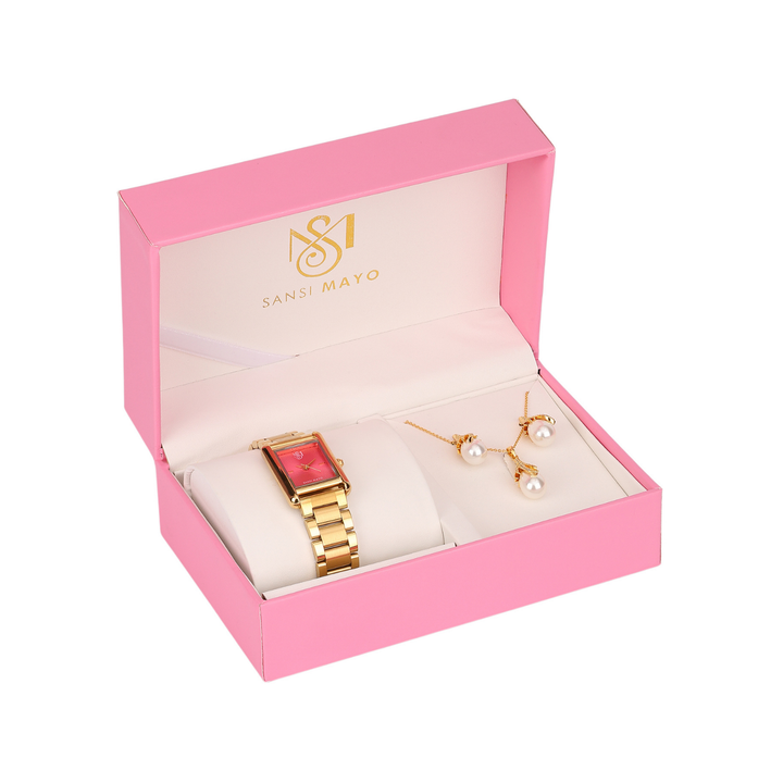 Sansi Mayo Women’s Watch & Jewellery Gift Set — Gold with Dark Pink Dial & Crystal Egyptian Stone