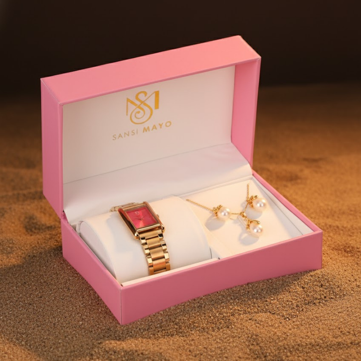 Sansi Mayo Women’s Watch & Jewellery Gift Set — Gold with Dark Pink Dial & Crystal Egyptian Stone
