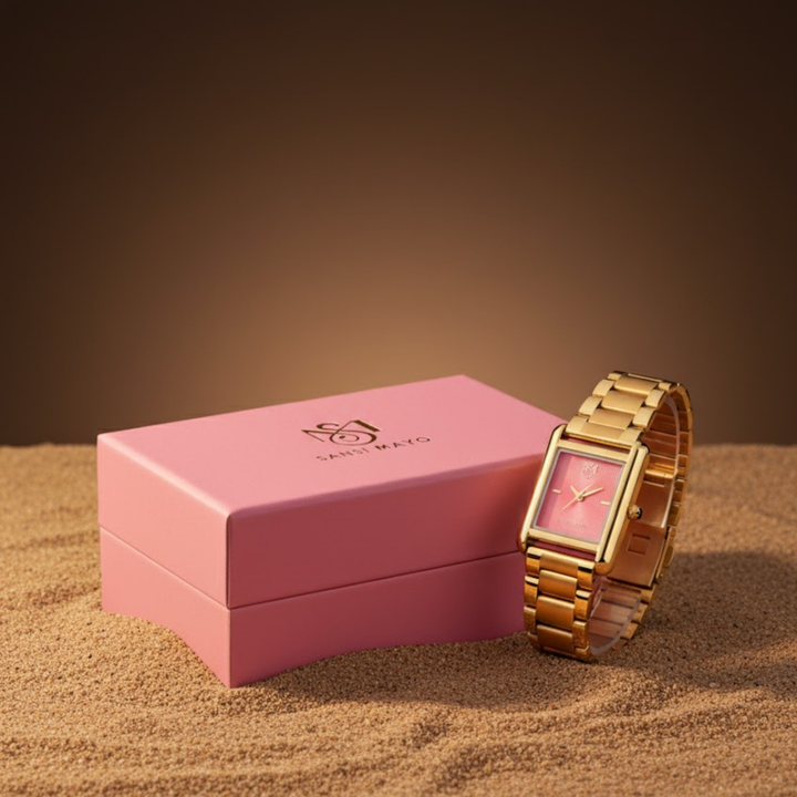 Sansi Mayo Women’s Watch & Jewellery Gift Set — Gold with Dark Pink Dial & Crystal Egyptian Stone