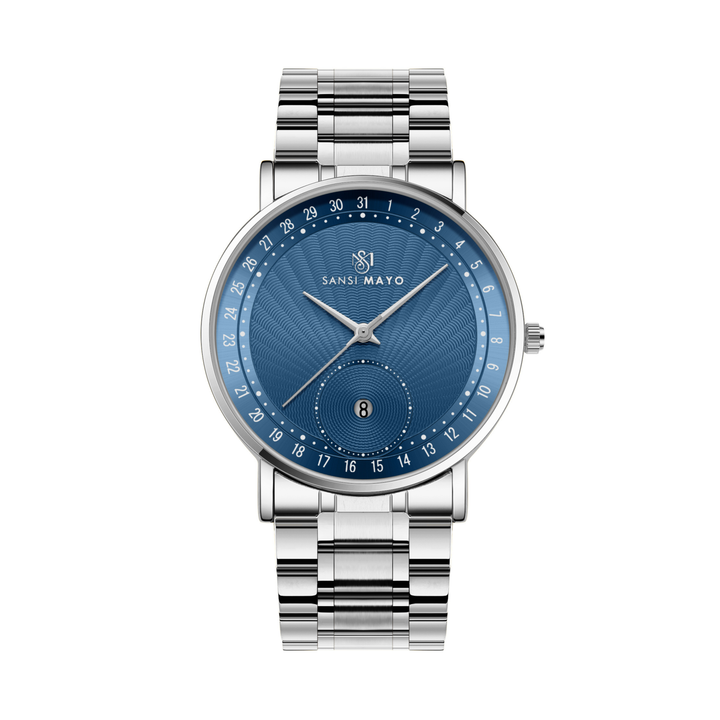 Silver Stainless Steel Watch — Blue Dial