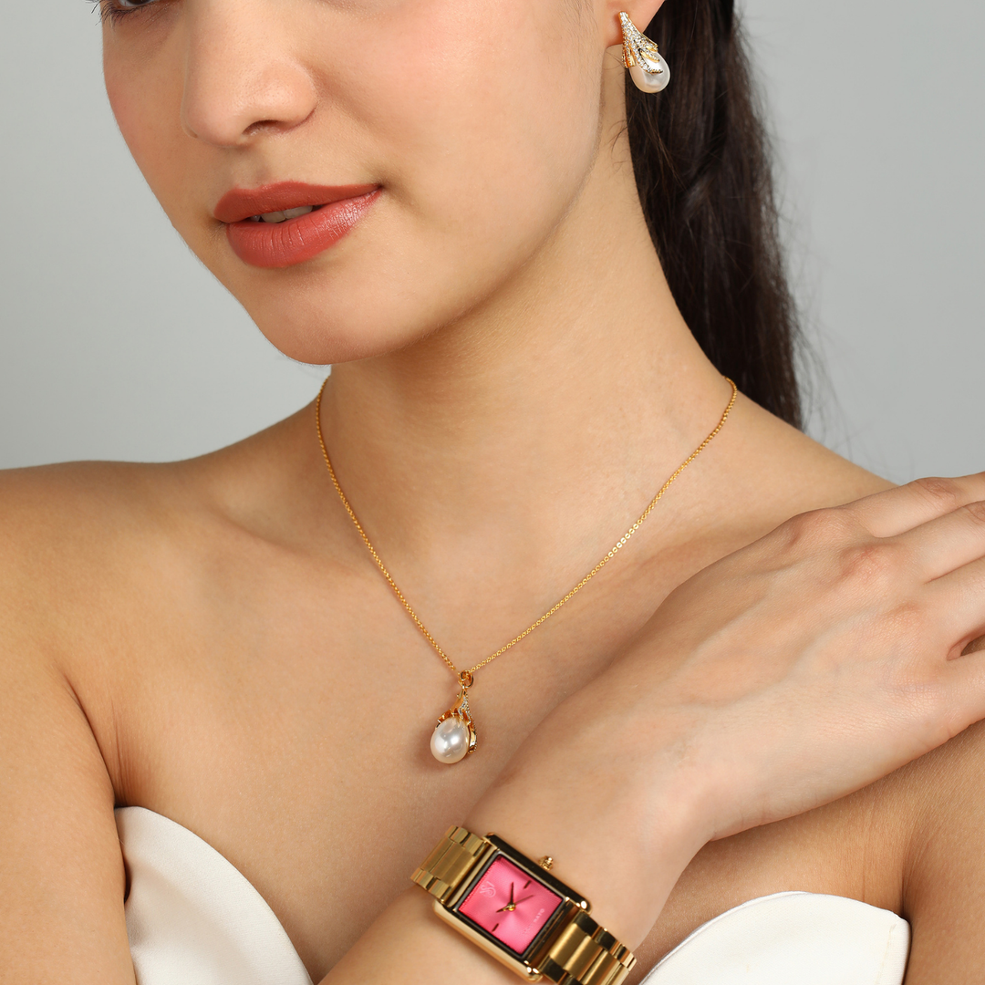 Sansi Mayo Women’s Watch & Jewellery Gift Set — Gold with Dark Pink Dial & Crystal Egyptian Stone
