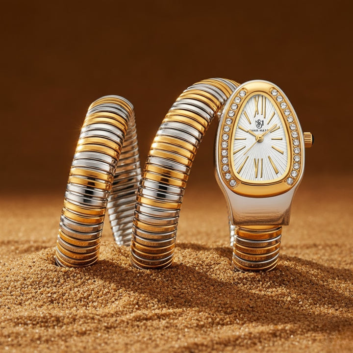 Snake 2.0 Two-Tone Silver Gold Coil Bracelet Watch — White Dial | Sansi Mayo