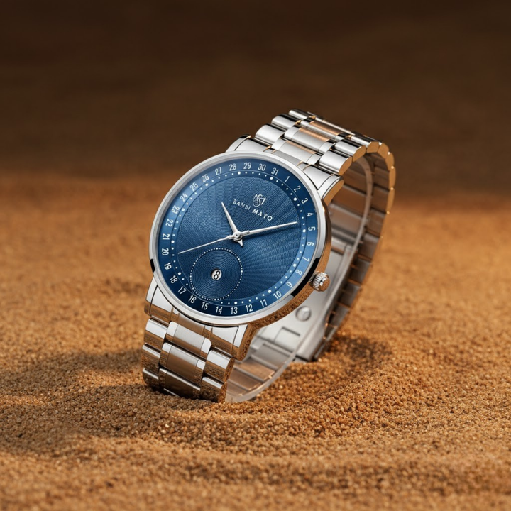 Silver Stainless Steel Watch — Blue Dial