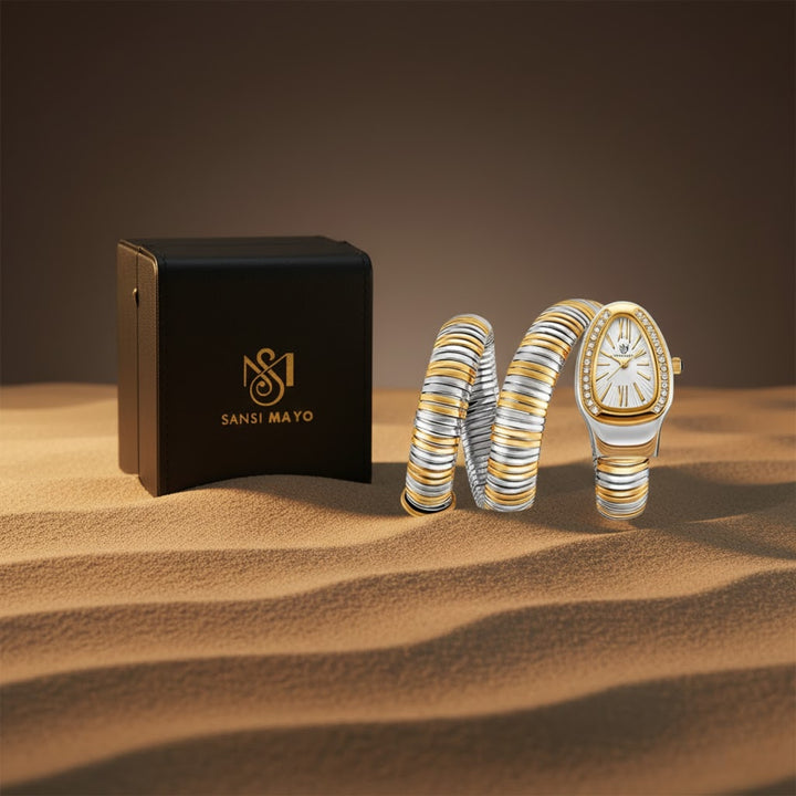 Snake 2.0 Two-Tone Silver Gold Coil Bracelet Watch — White Dial | Sansi Mayo