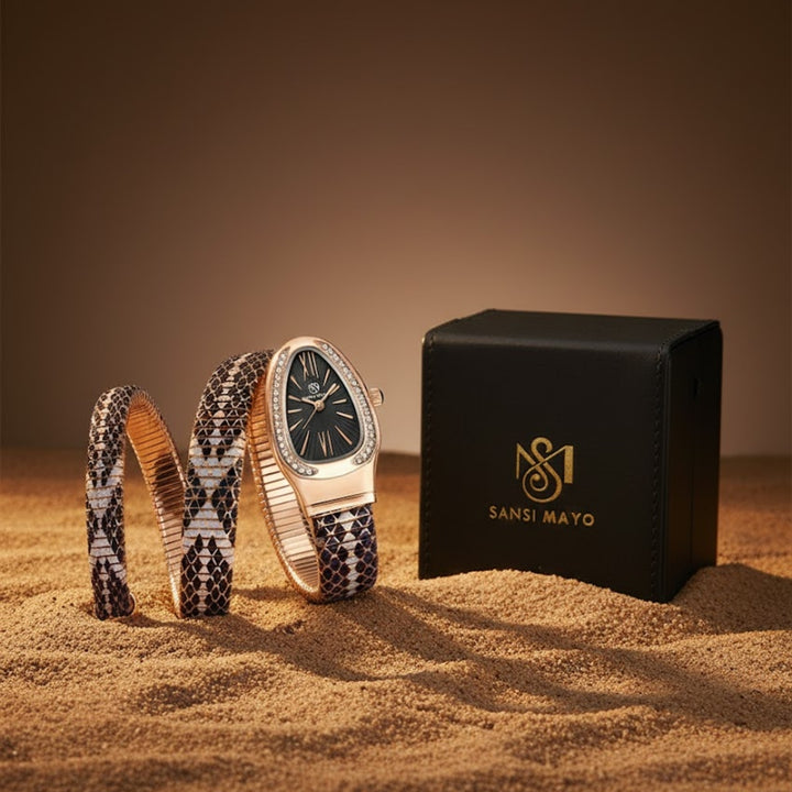 Sansi Mayo Koil Snake Watch — Two Tone Rose Gold & Black Edition