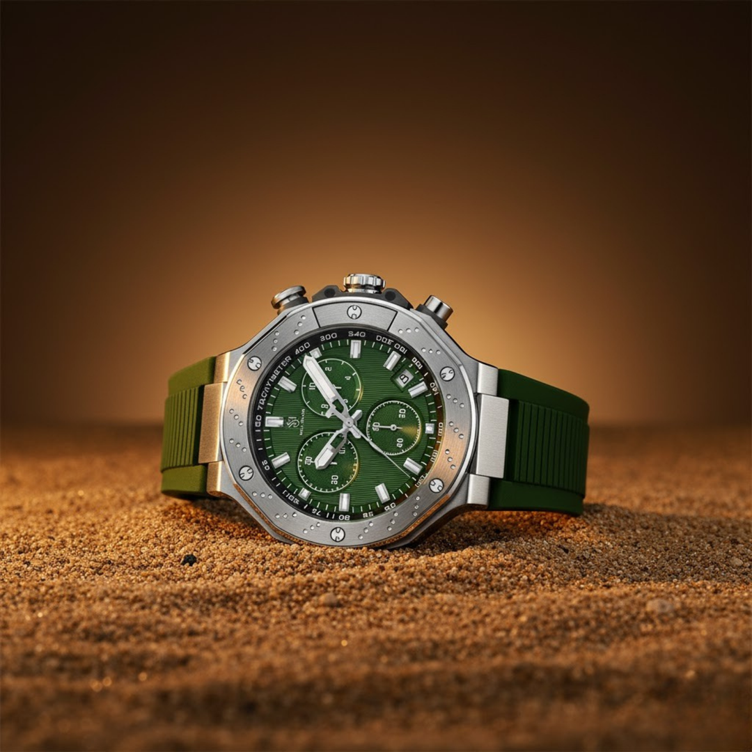 Romano Green Dial Men’s Watch — Silver Case with Green Silicone Strap