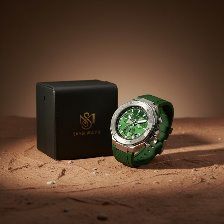 Romano Green Dial Men’s Watch — Silver Case with Green Silicone Strap