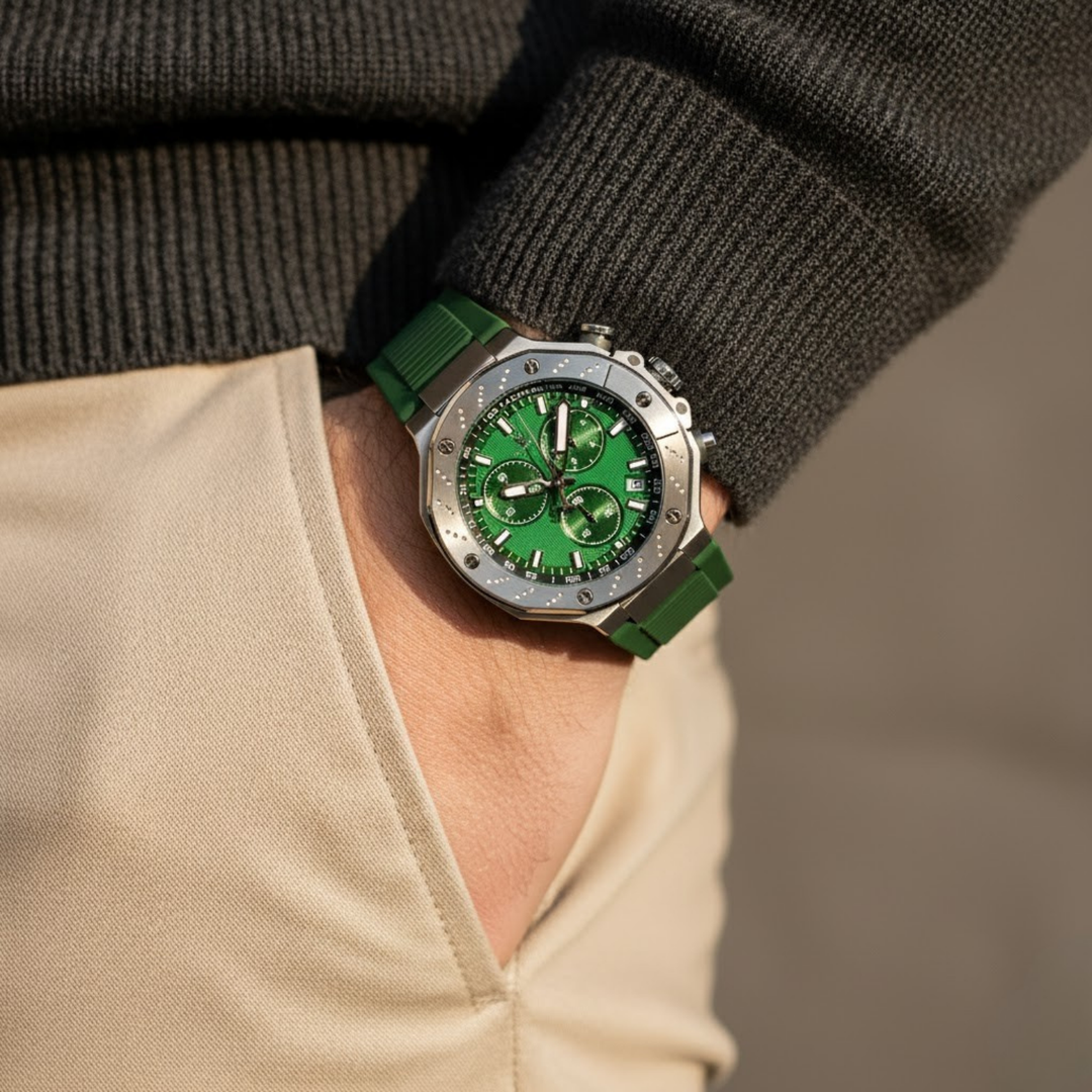 Romano Green Dial Men’s Watch — Silver Case with Green Silicone Strap